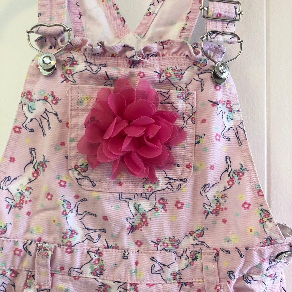 Girls pink denim unicorn shortalls